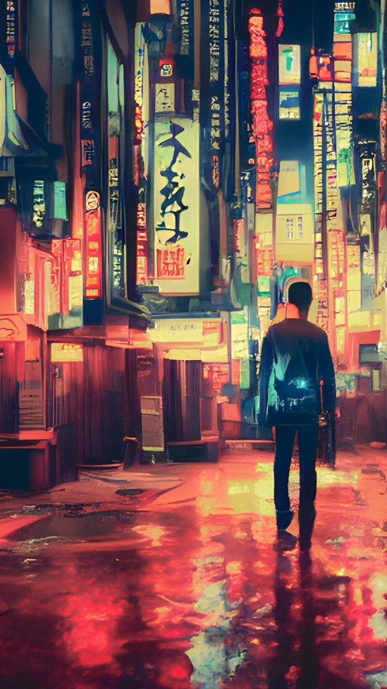 Man in a japanese/cyberpunk style dark alley